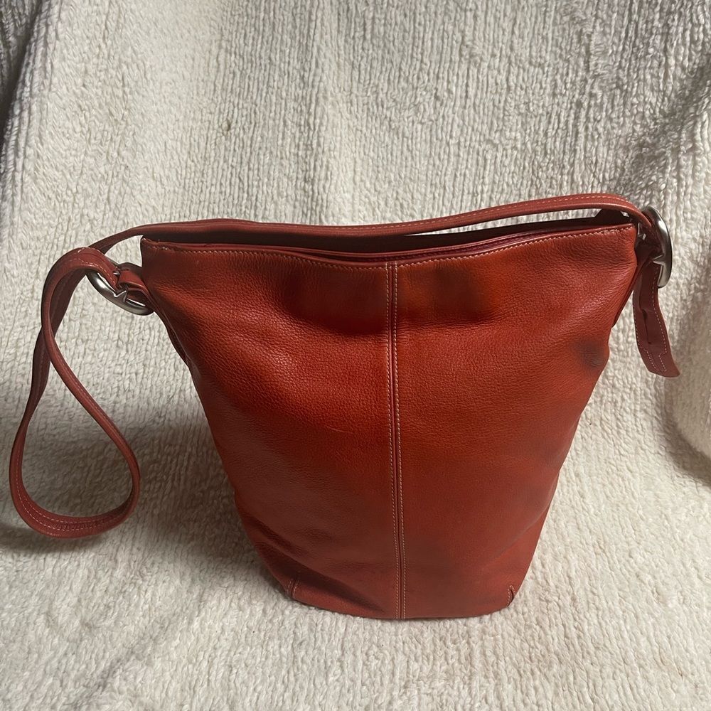 Tignanello Leather Red bucket style shoulder bag/Crossbody bag.Brass hardwares